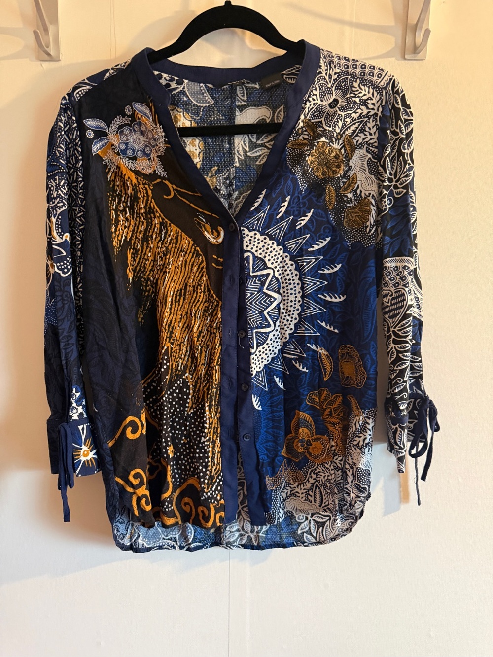 Desigual Blue Patchwork Floral Button Front Blouse Size L Boho Roll Tab Sleeve